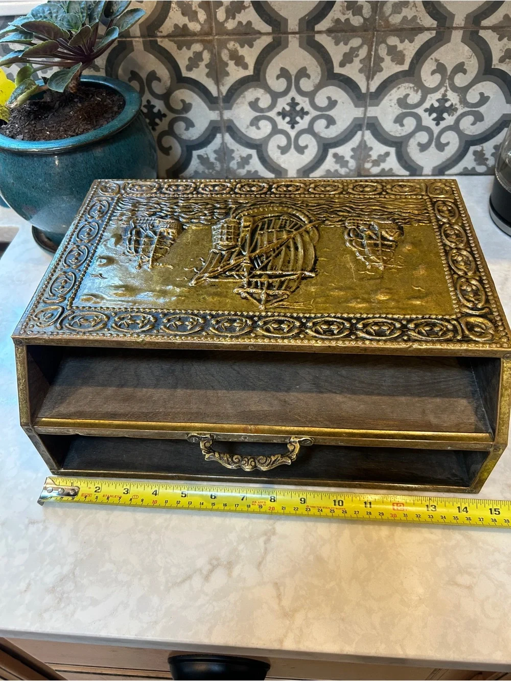 ANTIQUE VINTAGE EMBOSSED BRASS & WOOD CONTAINER-SHIP DESIGN-1920s